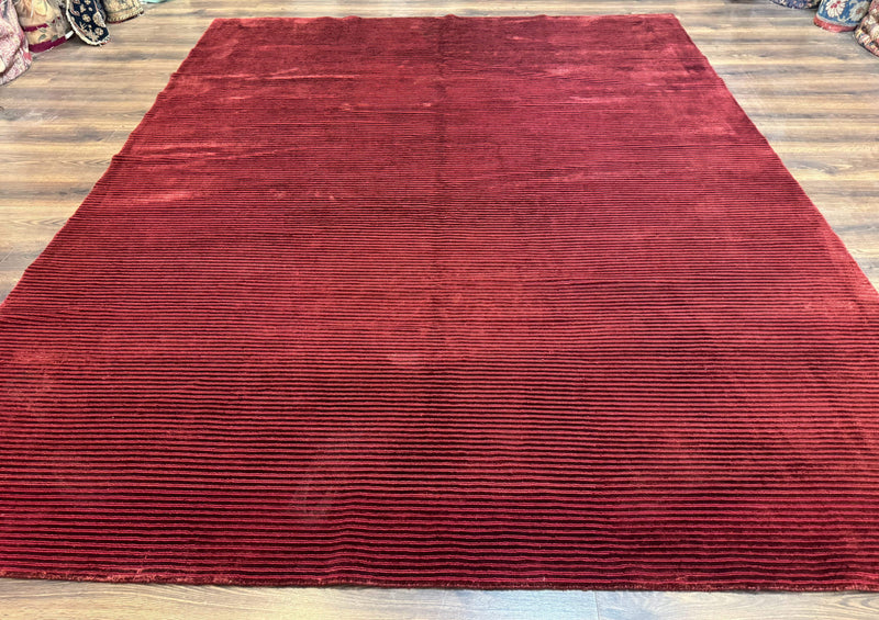 Modern Tibetan Rug 8x10, Red, Stripes, Handmade Wool Thick Pile Carpet by Jewel Rugs