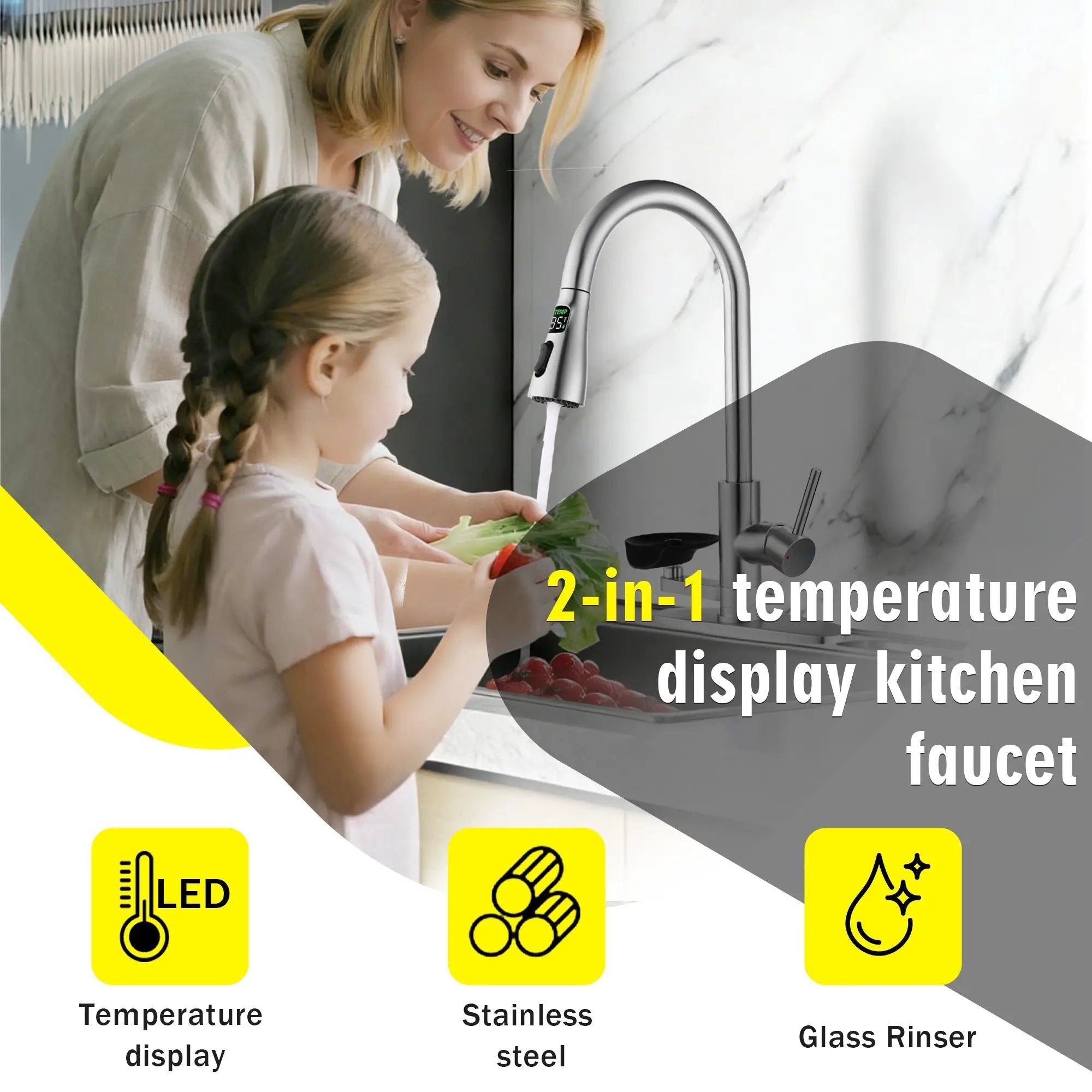 3-in-1 Kitchen Faucet with LED Temperature Display, Press-Type Glass Rinser, Pull-Down Sprayer, 3 Spray Modes, Brushed Nickel Finish, Stainless Steel Construction by HouseOfZazla