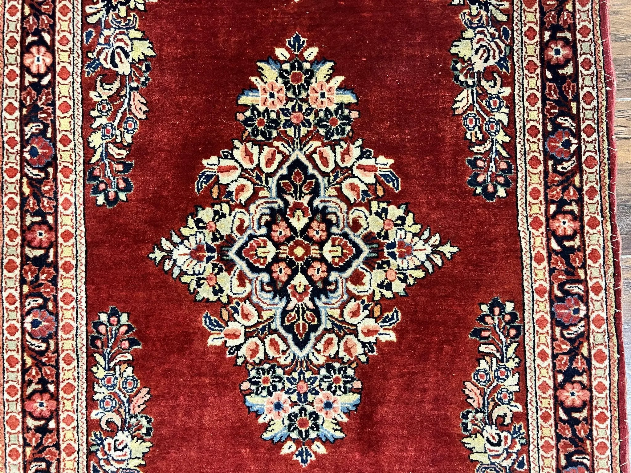 Persian Sarouk Runner Rug 2.7 x 6, Semi Open Field, Red, Handmade Hand Knotted, Wool Oriental Carpet, Vintage Semi Antique by Jewel Rugs