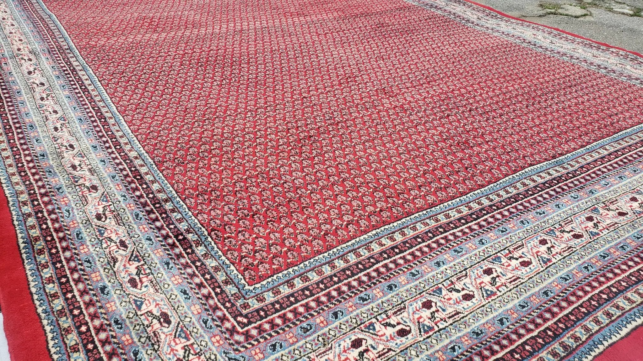 Persian Sarouk Mir Pattern, Red and Beige, Hand-Knotted, Wool, Paisley Boteh Design, 9'9" x 13', Semi Antique by Jewel Rugs