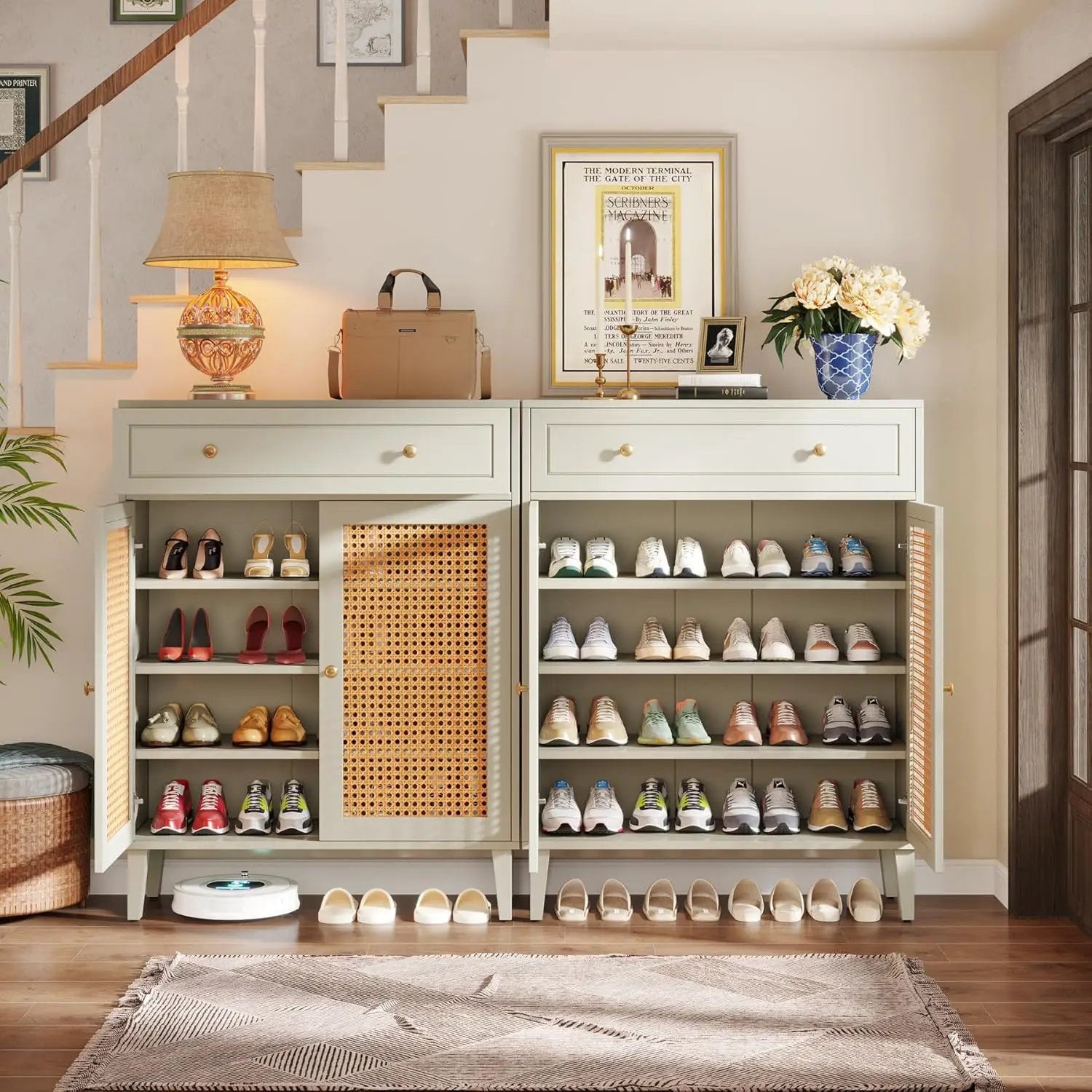 Shoe Cabinet With Rattan Doors And Drawer, 4 Tier Storage Organizer - Mint Green by HouseOfZazla