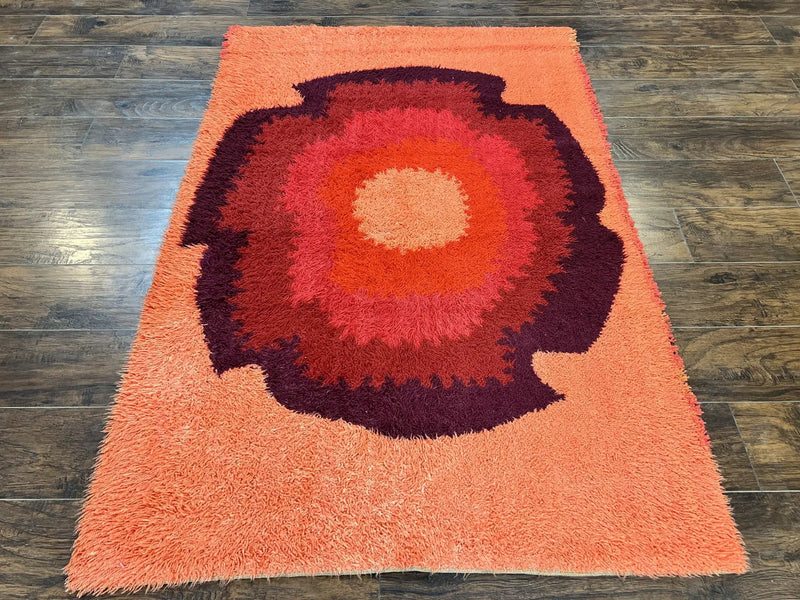 Danish Rya Shag Rug 4x6, Mid Century 1960s Retro Vintage Wool Rug, Shades of Red by Jewel Rugs