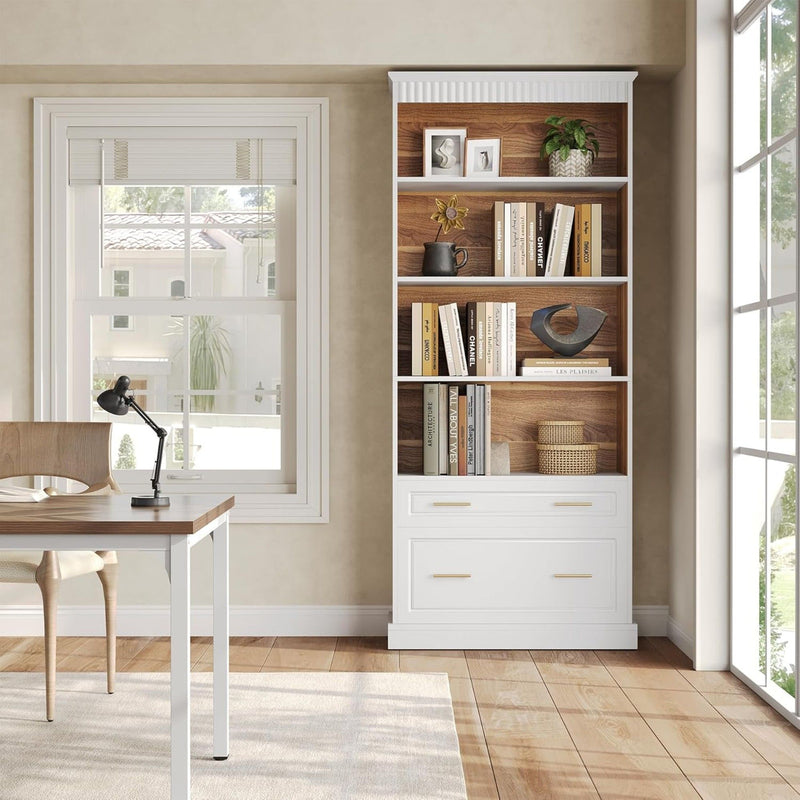 5 Tier White Bookcase With 2 Drawers Storage Organizer For Living Room - White by HouseOfZazla