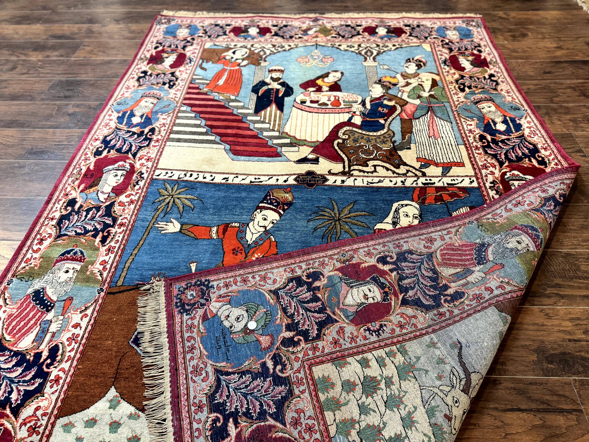 Rare Persian Kashan Pictorial Rug 6x9, King Bahram Hunting Scene, Persian Kings, Hand Knotted Persian Rug for Wall Hanging, Antique, Wool by Jewel Rugs