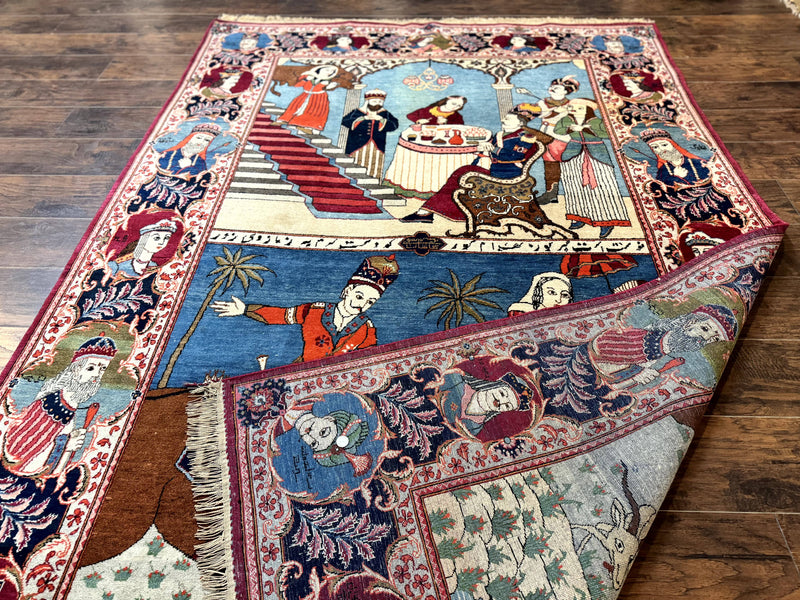 Rare Persian Kashan Pictorial Rug 6x9, King Bahram Hunting Scene, Persian Kings, Hand Knotted Persian Rug for Wall Hanging, Antique, Wool by Jewel Rugs