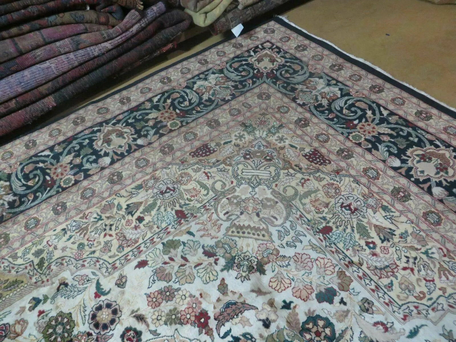 Beautiful Sino Persian Rug 9x12, Elegant High Quality Handmade Wool Oriental Carpet, Medallion with Corner Design, Floral, Black and Ivory by Jewel Rugs