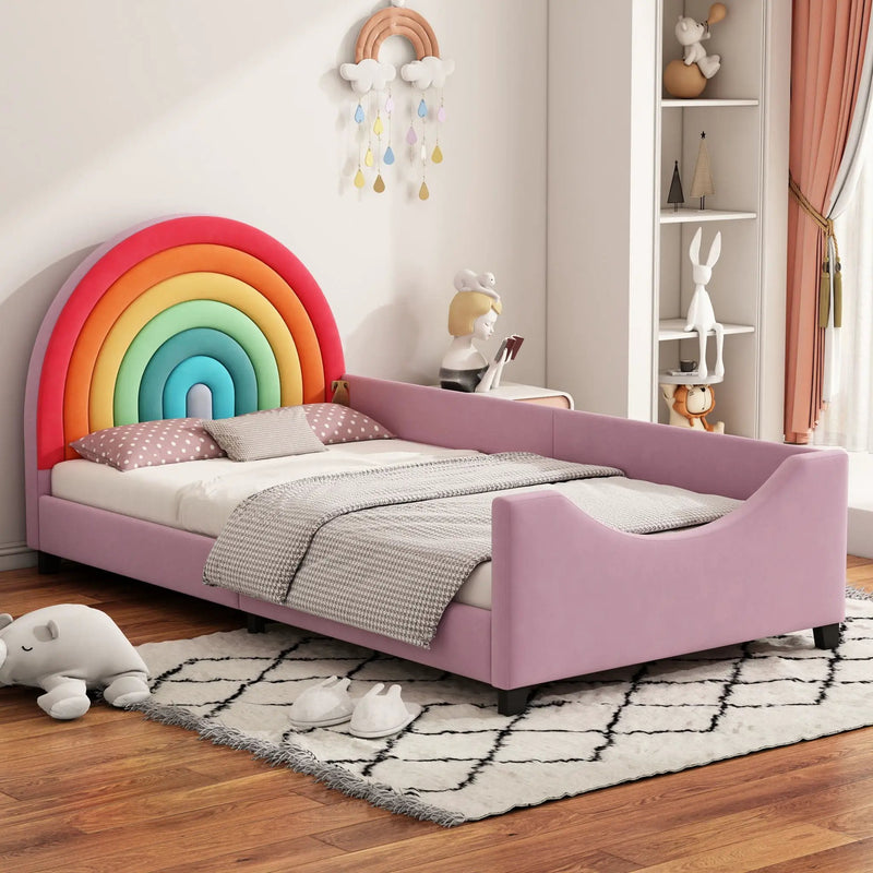 Rainbow Upholstered Twin Daybed Low To The Ground Design Cute Style Princess Bed - Colorful / Pink by HouseOfZazla