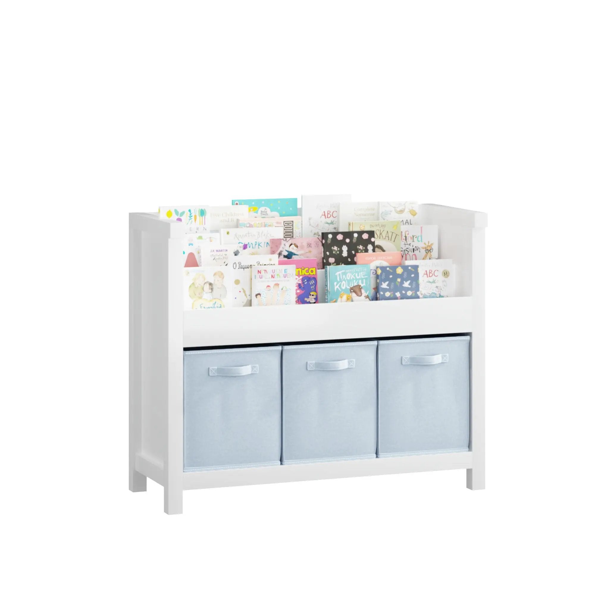 Bookshelf With 3 Tier Front Facing Storage And 3 Bins, Toddler Bookcase For Playroom - White by HouseOfZazla