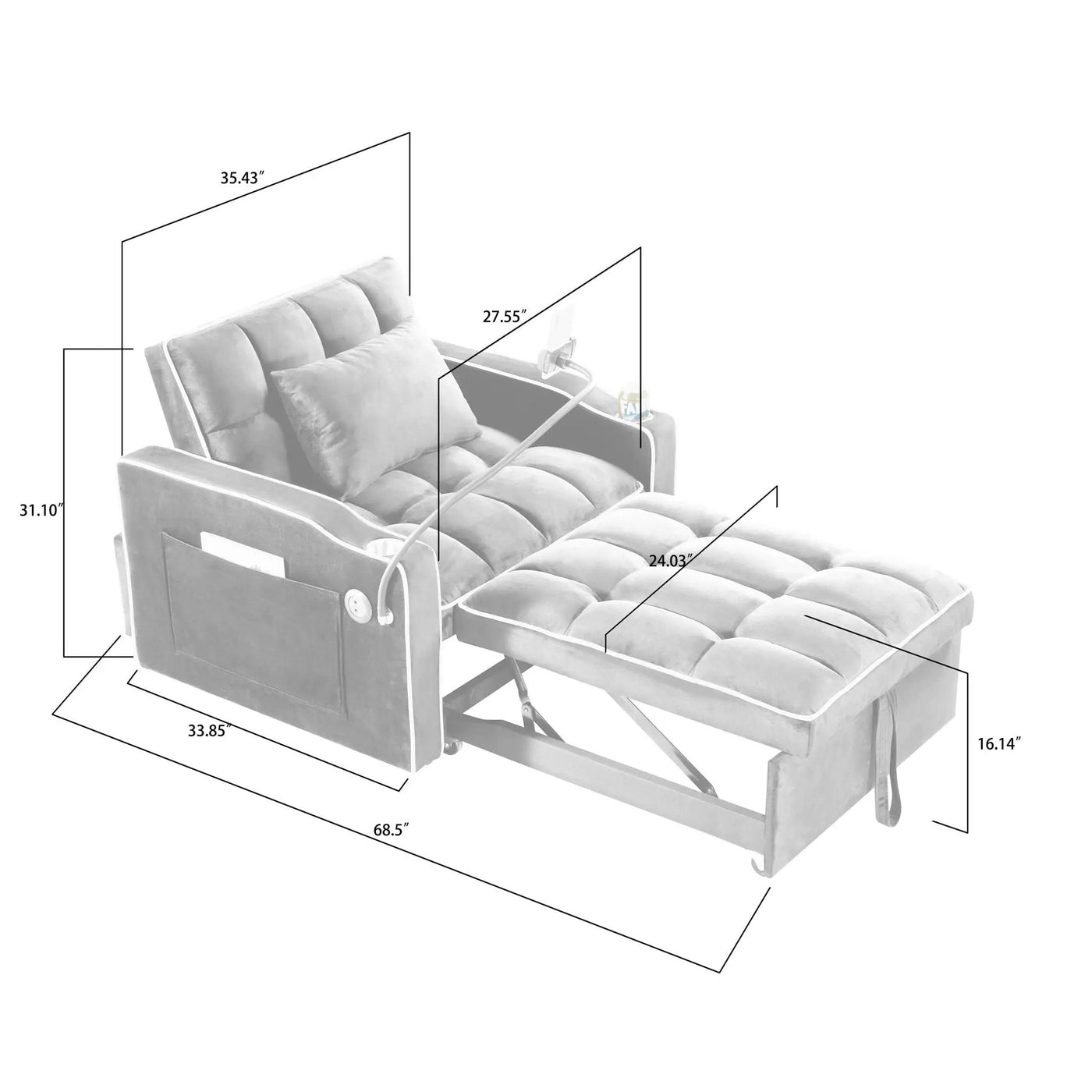 Convertible Sleeper Chair Sofa Bed Adjustable Pull Out Sleeper Chair Bed Multi-Pockets Folding Sofa Bed For Living Room Bedroom Small Space, 3 In 1 Sofa Bed by Unique Piece Furniture
