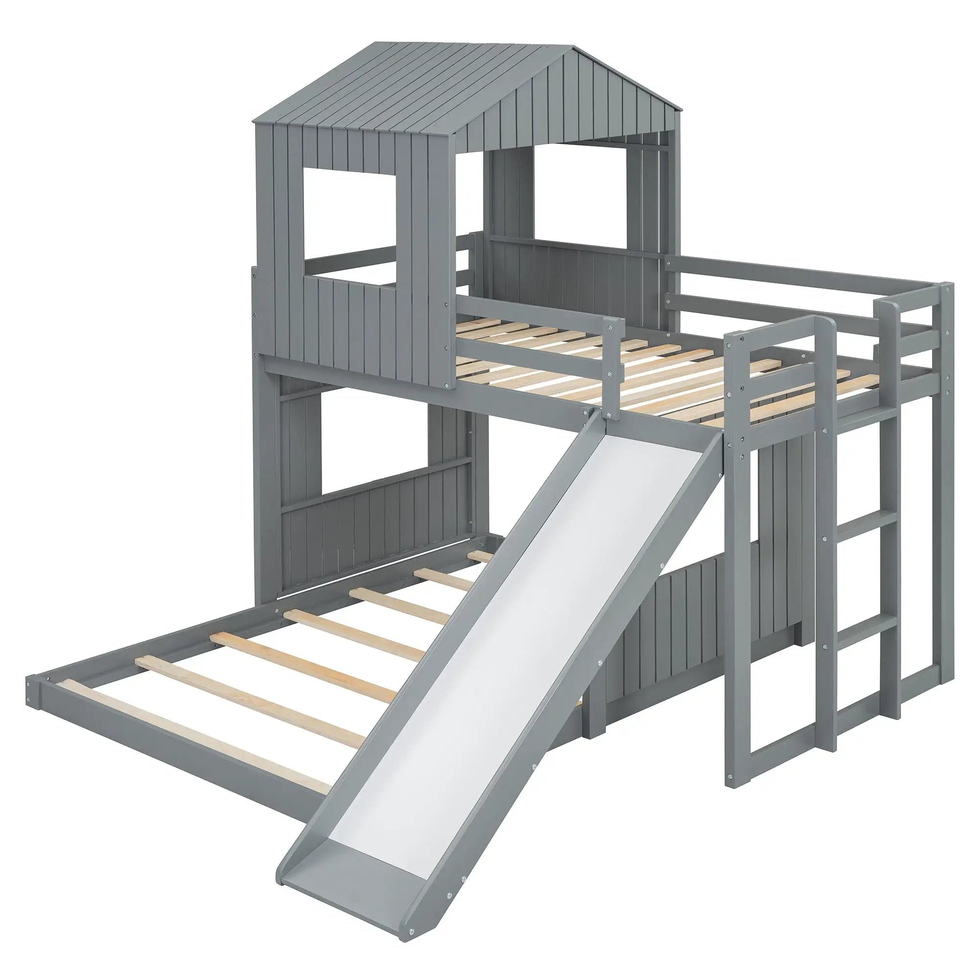 Loft Bunk Bed With Playhouse, Farmhouse, Ladder, Slide And Guardrails by HouseOfZazla