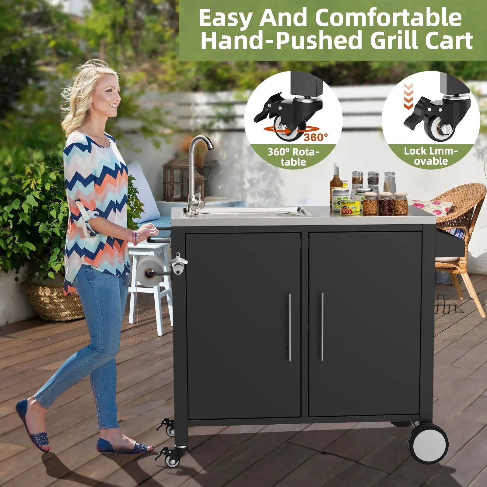 Outdoor Grill Table With Sink, Grill Cart With Sink And Cabinet With Wheels - Black / Silver by HouseOfZazla