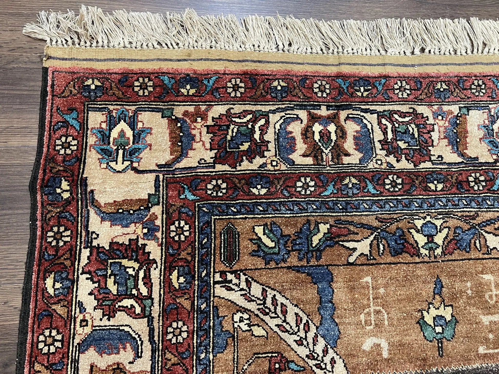 Unique Afghan Silk Rug 4x6, Hunting Pattern Animal Motifs, Light Brown and Cream, Persian Handwritten Poetry, Fine 1940s Oriental Carpet Wow by Jewel Rugs