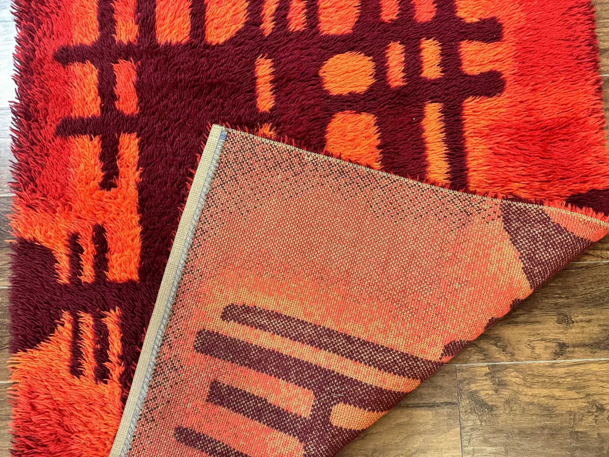 Danish Rya Shag Rug 4x6, Red Vintage Mid Century Retro Abstract Shag Rug by Jewel Rugs