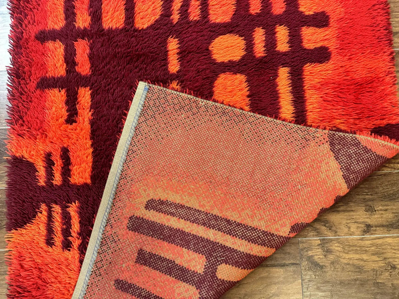 Danish Rya Shag Rug 4x6, Red Vintage Mid Century Retro Abstract Shag Rug by Jewel Rugs