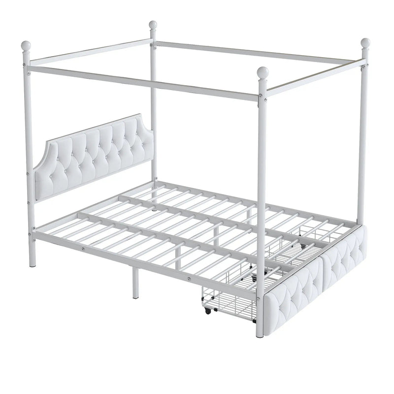 Queen Size Canopy Platform Bed With Upholstered Headboard And 2 Storage Drawers - White by HouseOfZazla