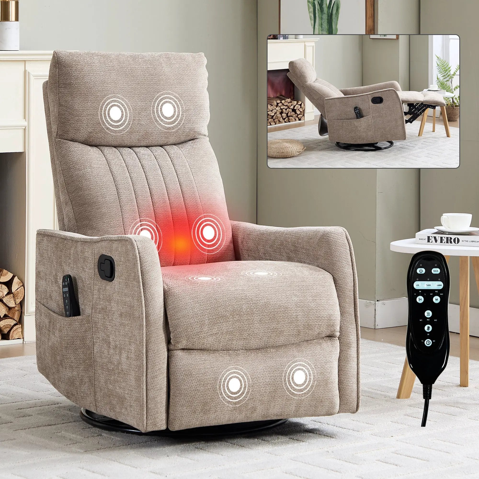 Khaki Heat Massage Manual Recliner Chair with Rocker and Swivel in Fabric for Living Room by HouseOfZazla