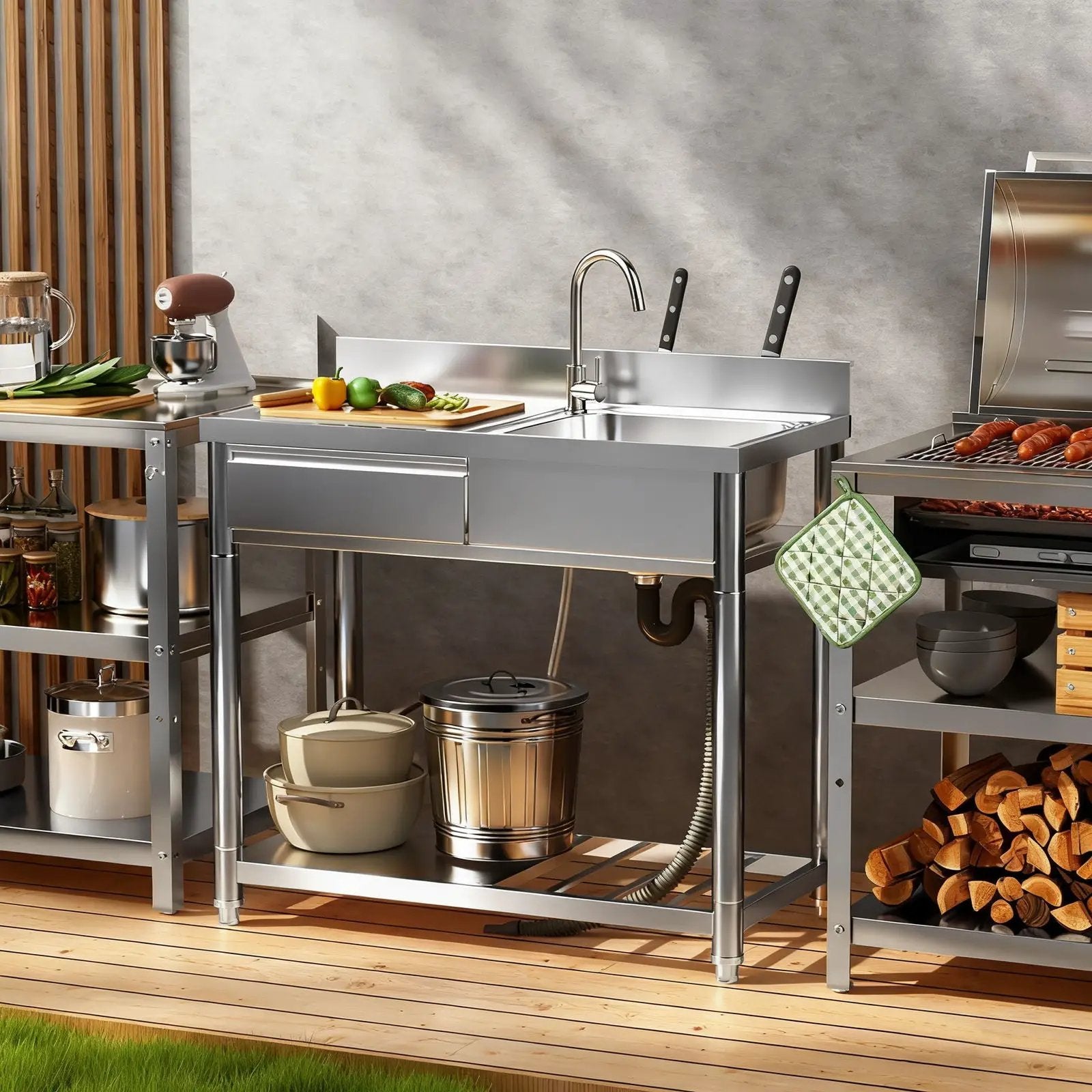 Outdoor Utility Sink With Workbench & Storage Shelf, Freestanding Prep Table With Left Drawer, Garden Patio Sink Station With 360° Hot & Cold Water Faucet - Silver by HouseOfZazla