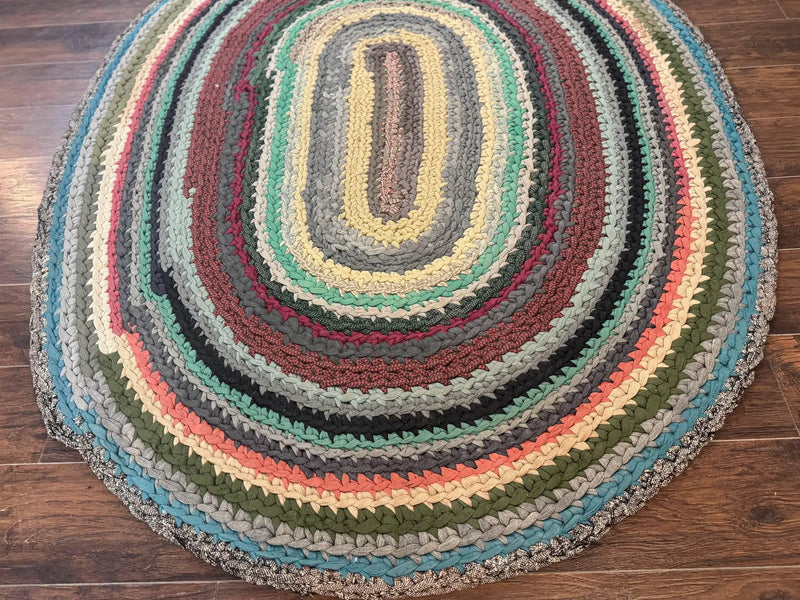 Antique American Braided Rug 5x7, Oval Multicolor Handmade Wool Braided Carpet by Jewel Rugs