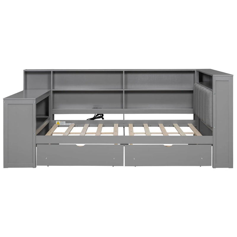 Platform Bed With Upholstered Headboard, Storage Shelves, Drawers, Charging Station, LED Lighting, Built In Desk by HouseOfZazla