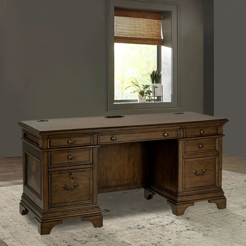 Stigham - 5 Drawer Credenza Office Desk - Oak by HouseOfZazla