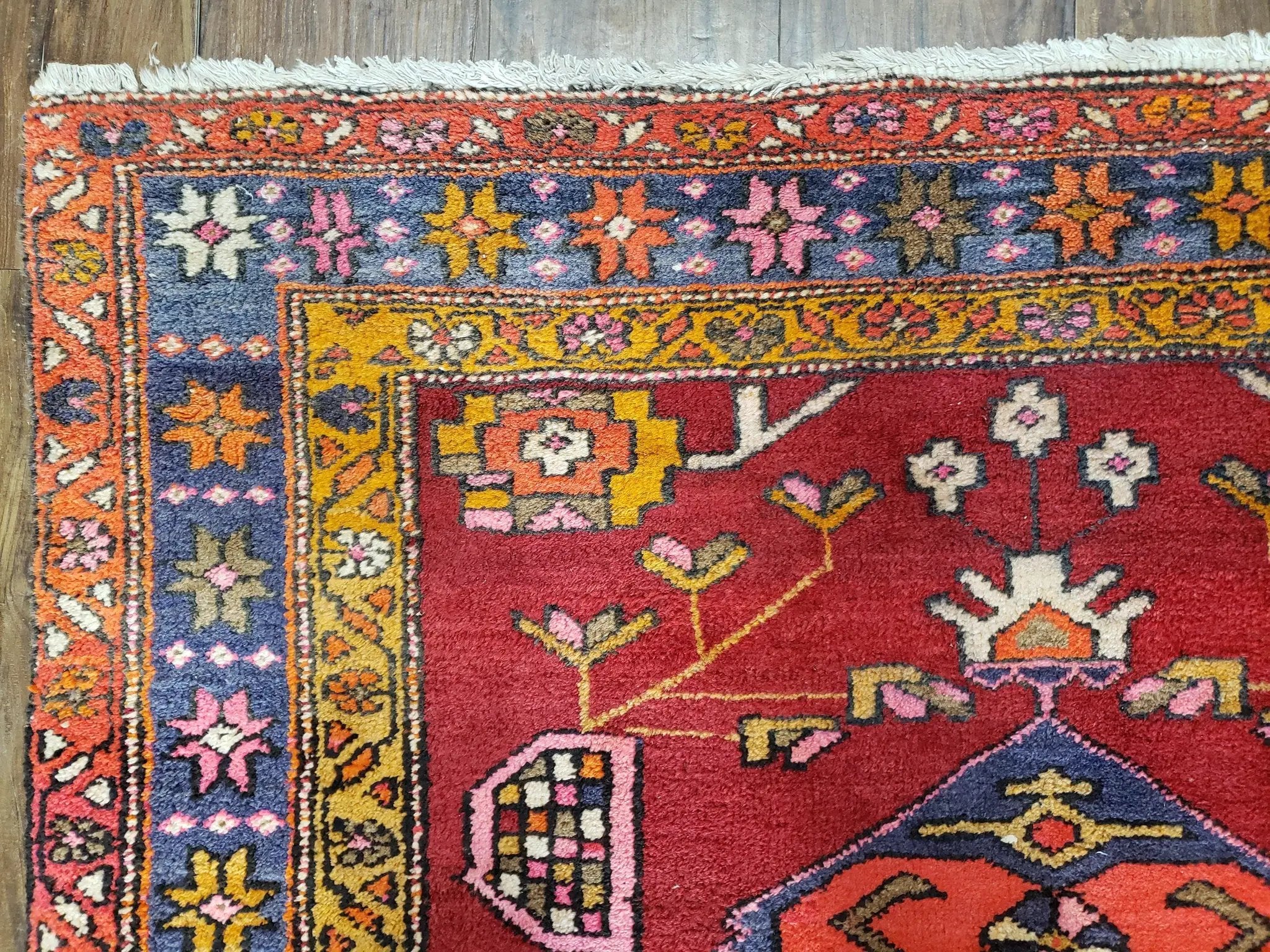Antique Persian Karajeh Runner Rug 4.4 x 11 ft, Red Colorful Geometric Medallion Runner by Jewel Rugs