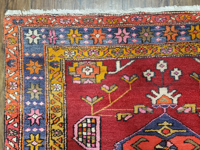 Antique Persian Karajeh Runner Rug 4.4 x 11 ft, Red Colorful Geometric Medallion Runner by Jewel Rugs