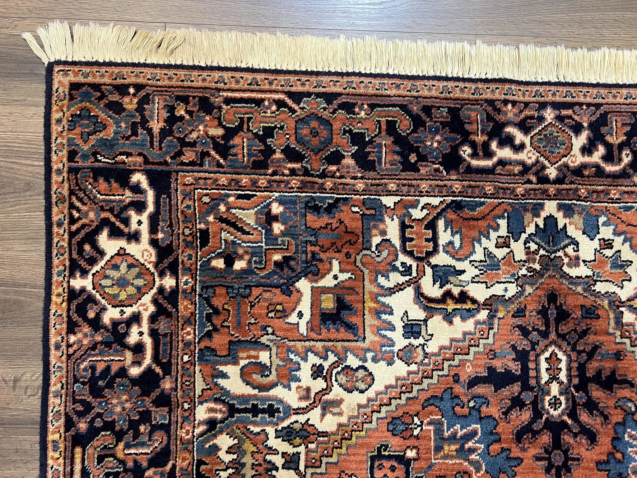 Heriz Rug 5.6 x 8, Geometric Medallion, Wool Oriental Carpet, Tribal Boho Rug, Red Navy Blue Cream, Belgium Power Loomed Rug, Medium Sized by Jewel Rugs