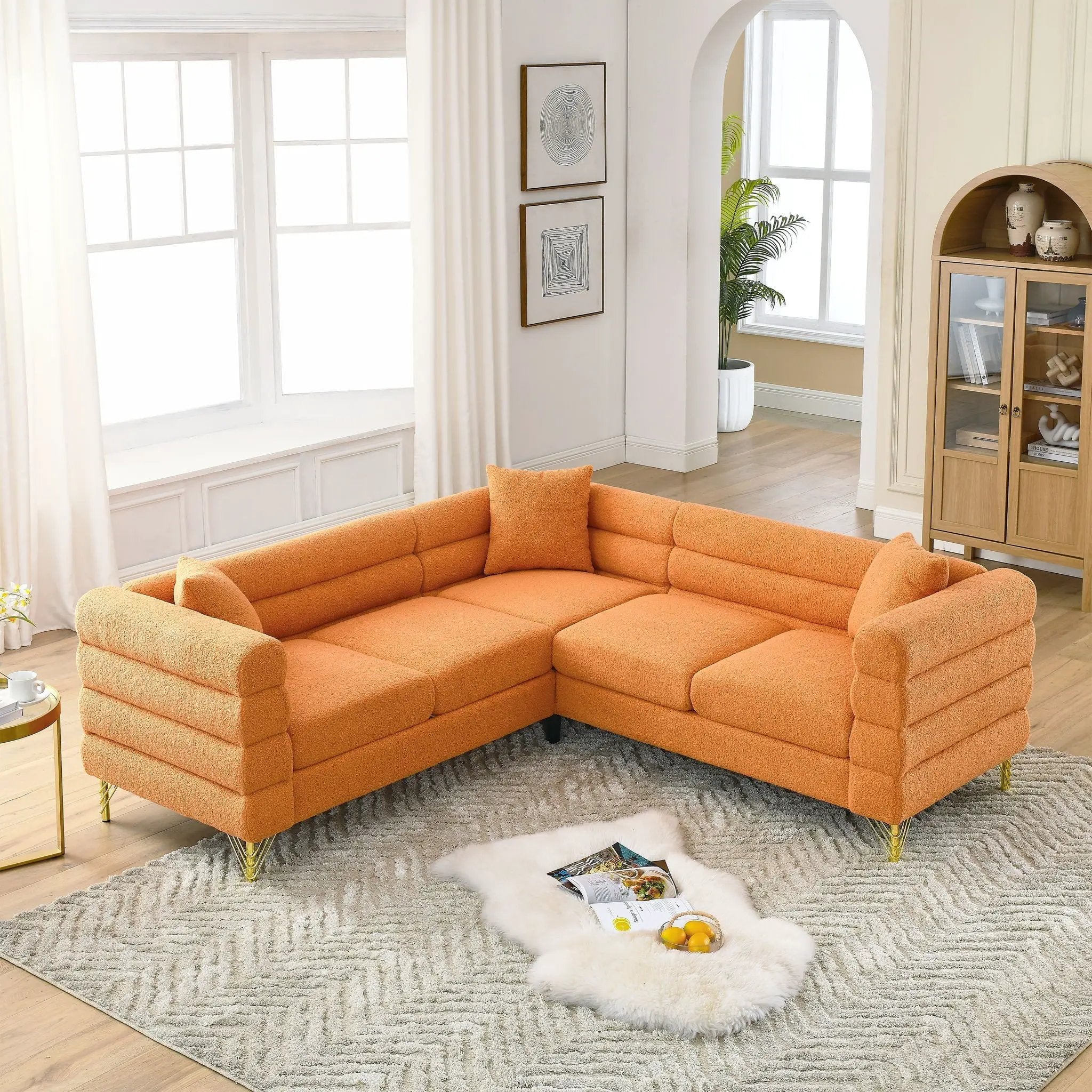 Oversized L - Shaped Corner Sofa, 5 Seater Sectional With 3 Cushions, Living Room Furniture - Orange by HouseOfZazla