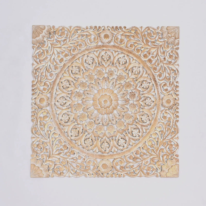 Floral Hand Carved Mandala Square Wall Decor With Spiritual Symbolism - Gold / White by HouseOfZazla