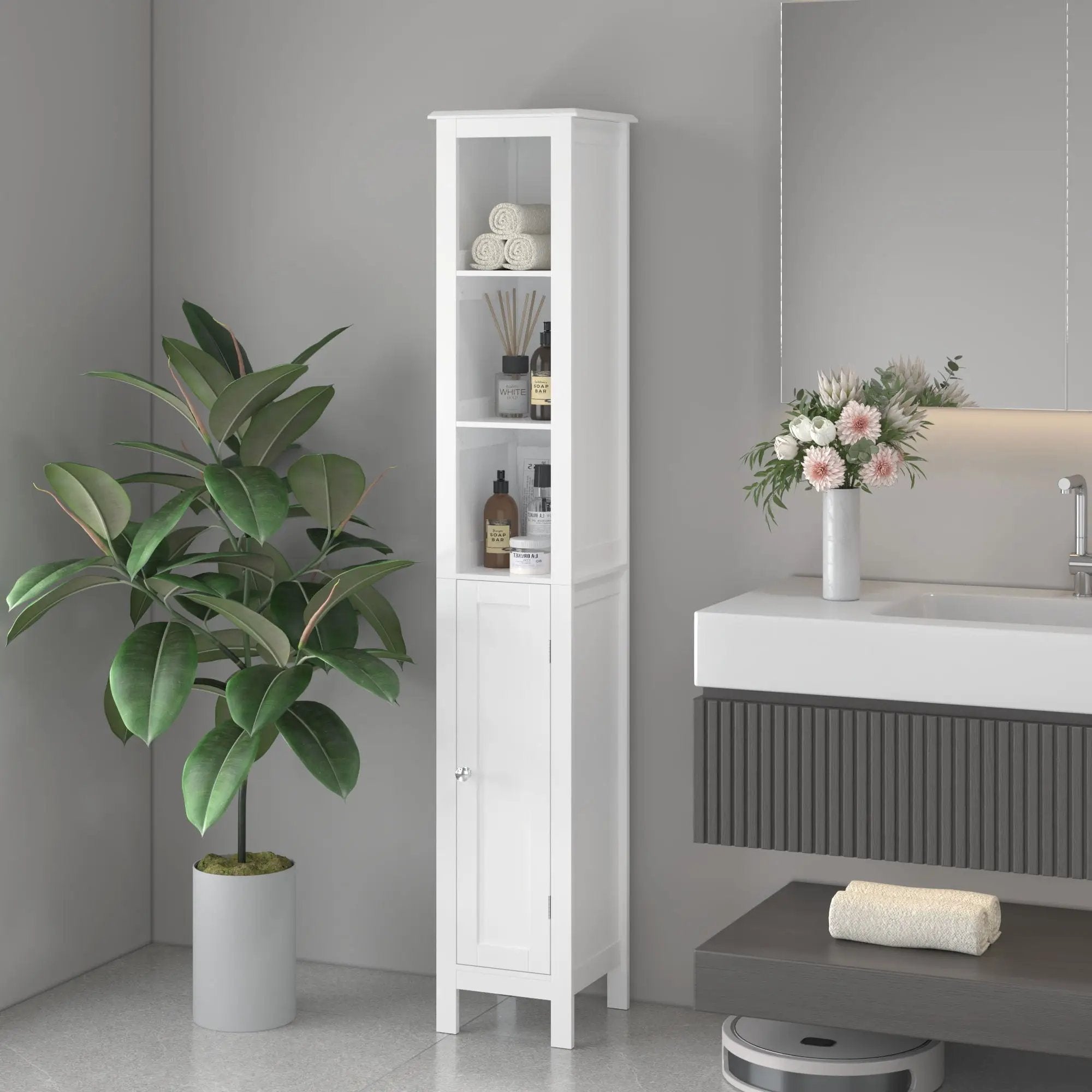 Slim Tall Bathroom Storage Cabinet With Adjustable Shelves, Anti Tip Freestanding Cabinet - White by HouseOfZazla
