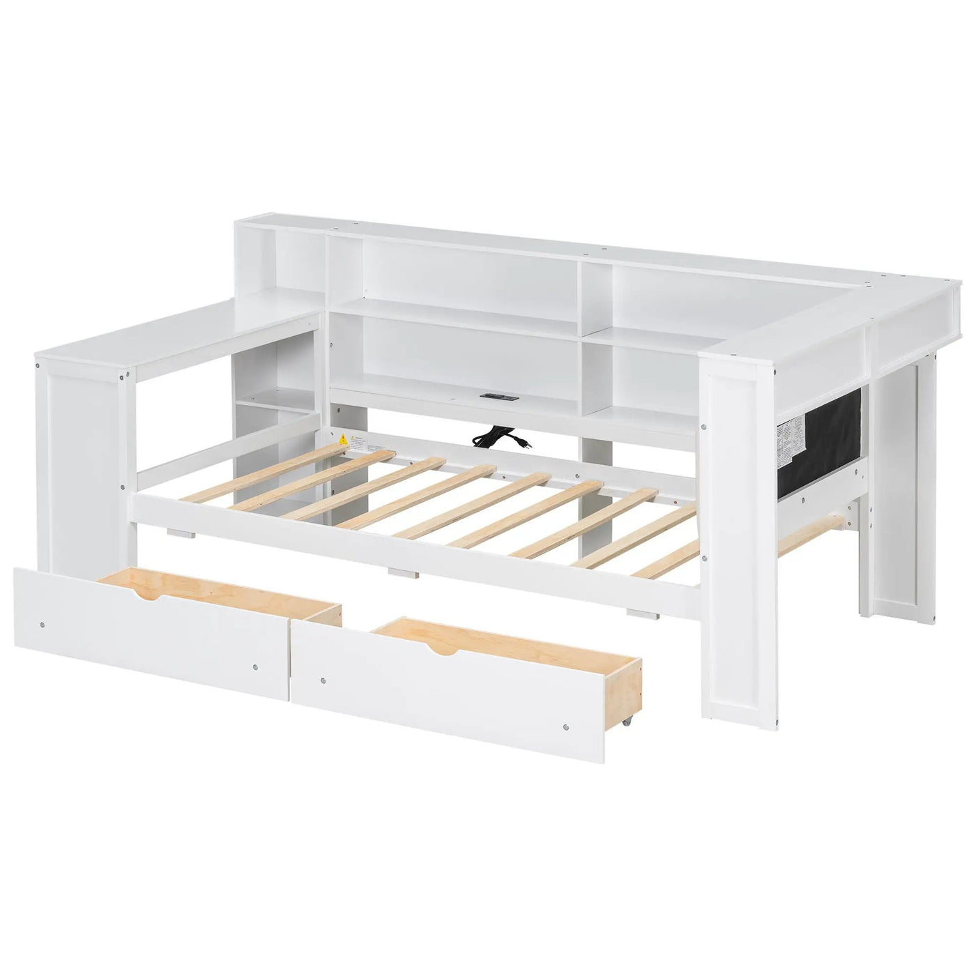 Platform Bed With Upholstered Headboard, Storage Shelves, Drawers, Charging Station, LED Lighting, Built In Desk by HouseOfZazla