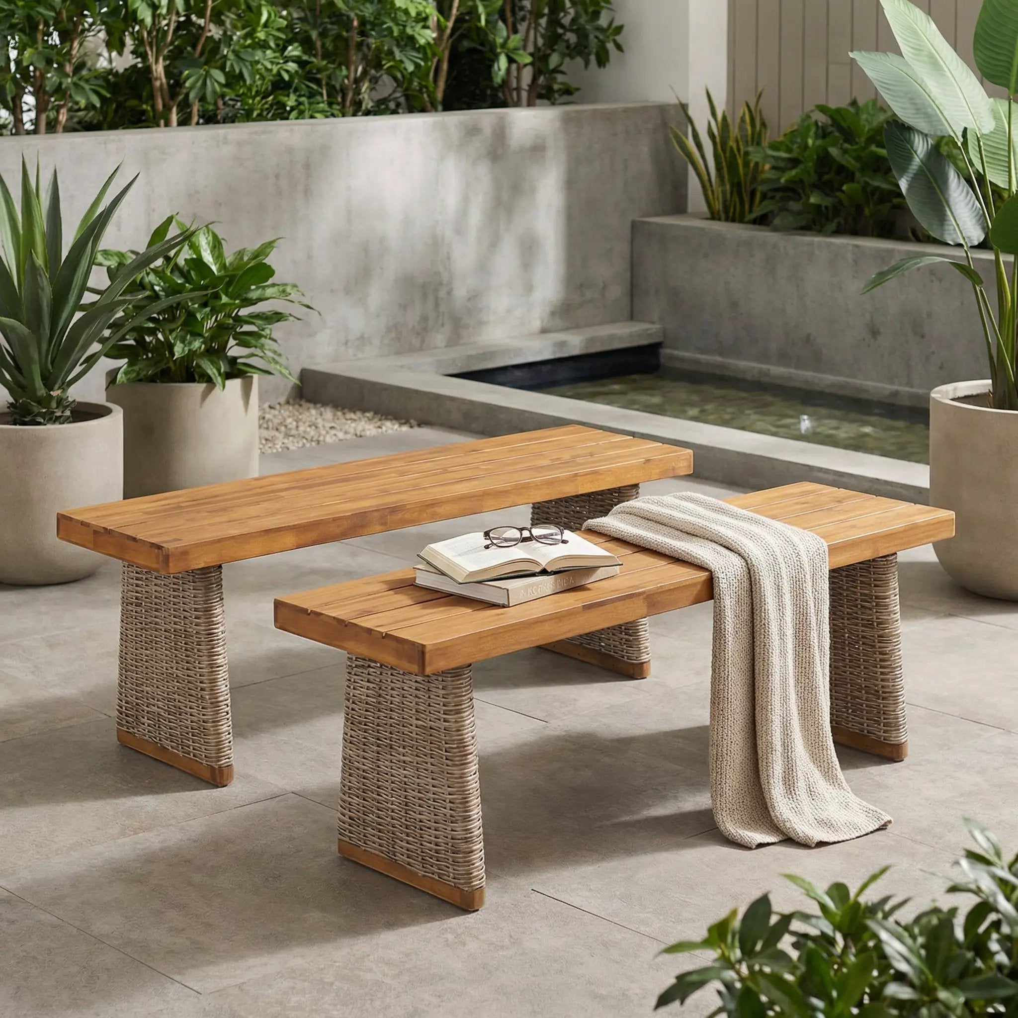Outdoor Acacia Wood Bench Set of 2 with Teak Finish by HouseOfZazla
