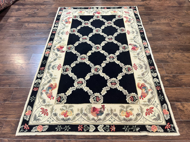 Hooked Rug 5x8, European Aubusson Pattern, Black and Ivory, Roses & Roosters, Vintage Wool Rug by Jewel Rugs