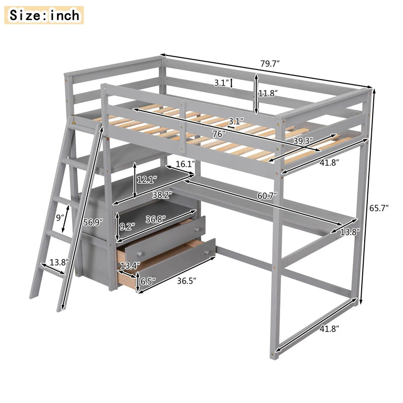 Modern Loft Bed With Built In Desk, Shelves, And 2 Drawers by HouseOfZazla
