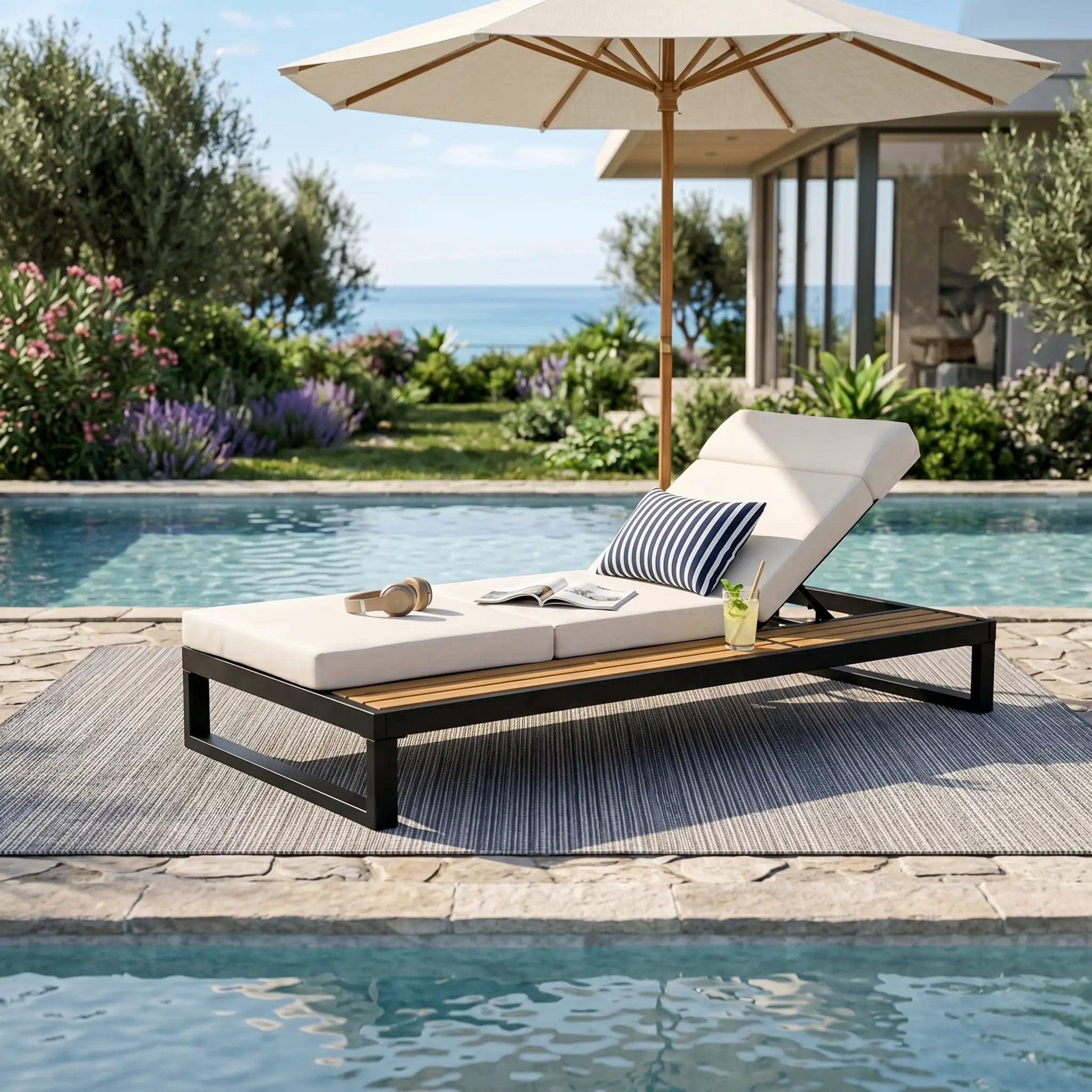 Black Iron & Teak Finish Chaise Lounge Set by HouseOfZazla