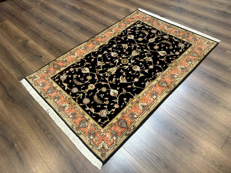 Persian Tabriz Rug 3x5 Black and Salmon Floral Fine Handmade 360 KPSI by Jewel Rugs