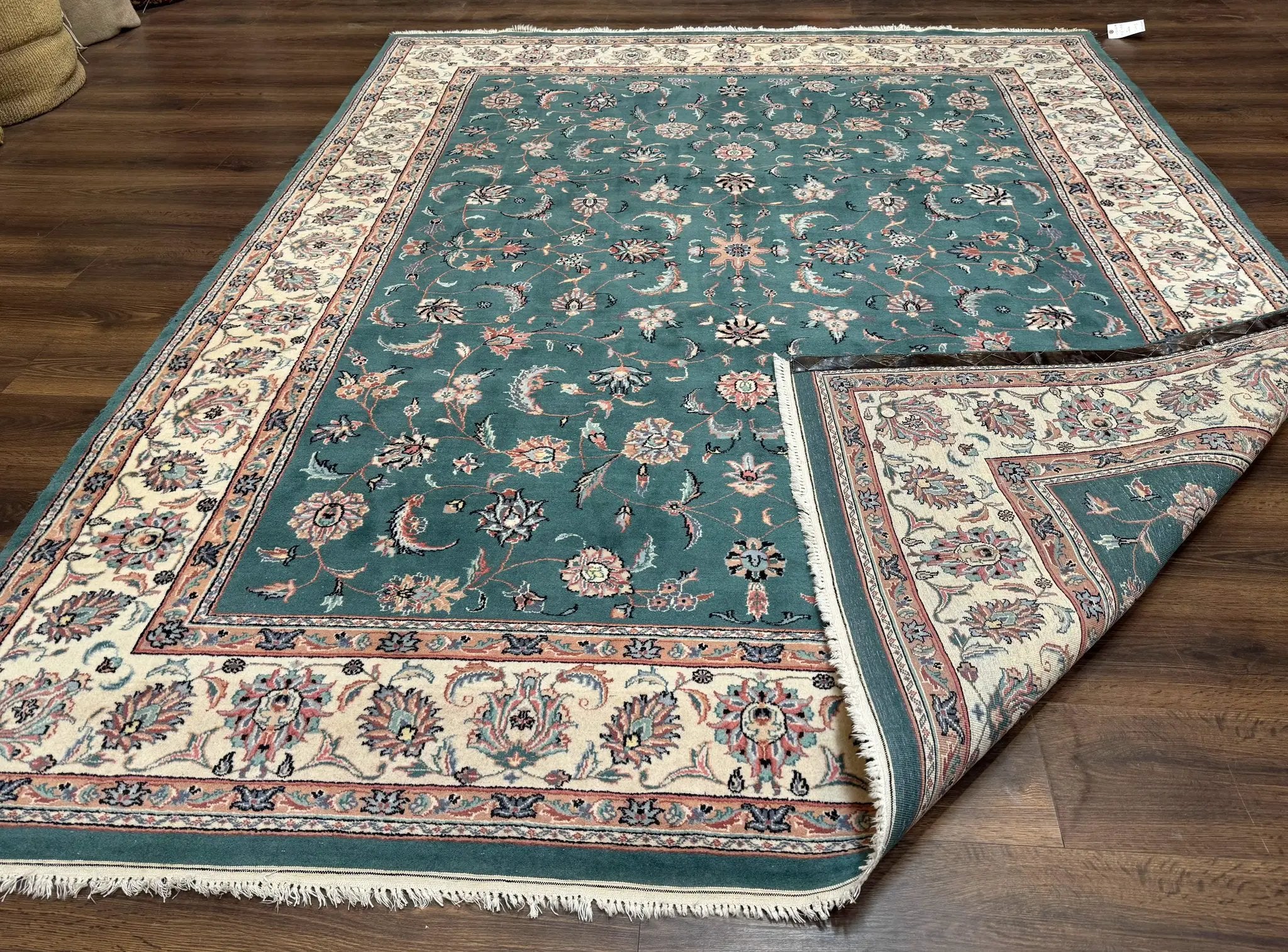 Indo Persian Rug 8x10, Green and Beige Oriental Carpet, Traditional Wool Area Rug, Floral Allover Pattern by Jewel Rugs