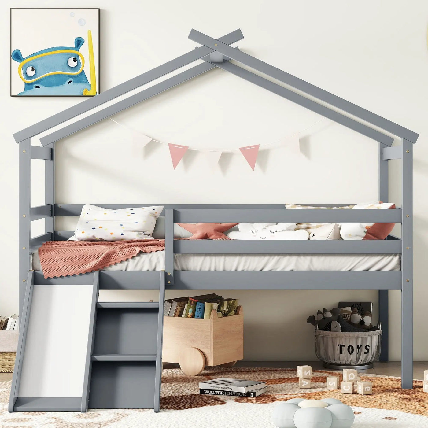 Low Loft House Bed With Slide, Ladder, Safety Guardrails, House Roof Frame by Unique Piece Furniture