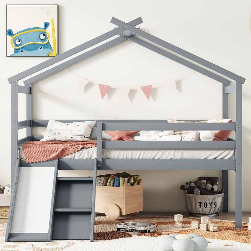 Low Loft House Bed With Slide, Ladder, Safety Guardrails, House Roof Frame by HouseOfZazla