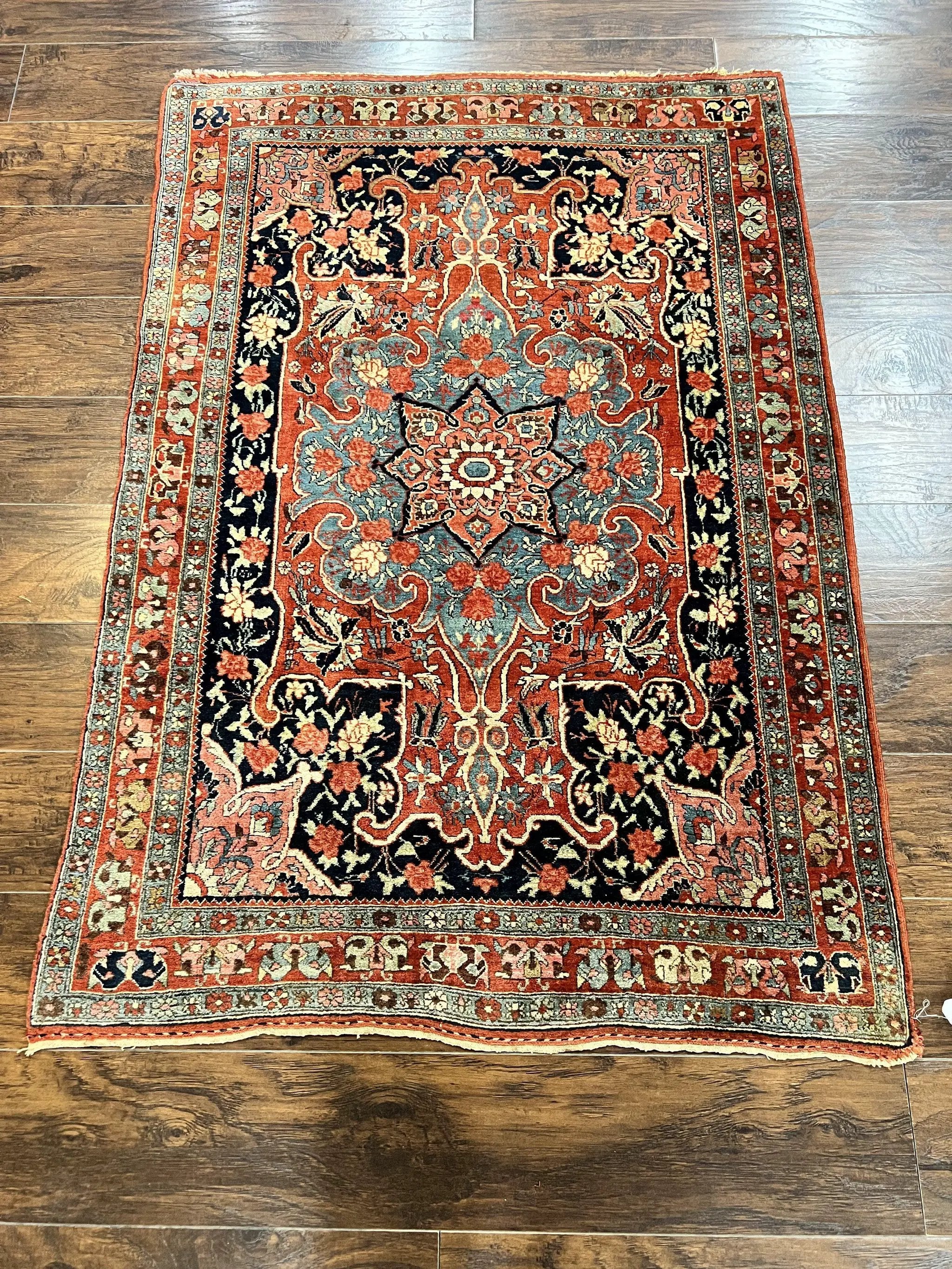 Antique Persian Bidjar Rug 4x5, Red and Blue, Hand Knotted Wool Carpet by Jewel Rugs