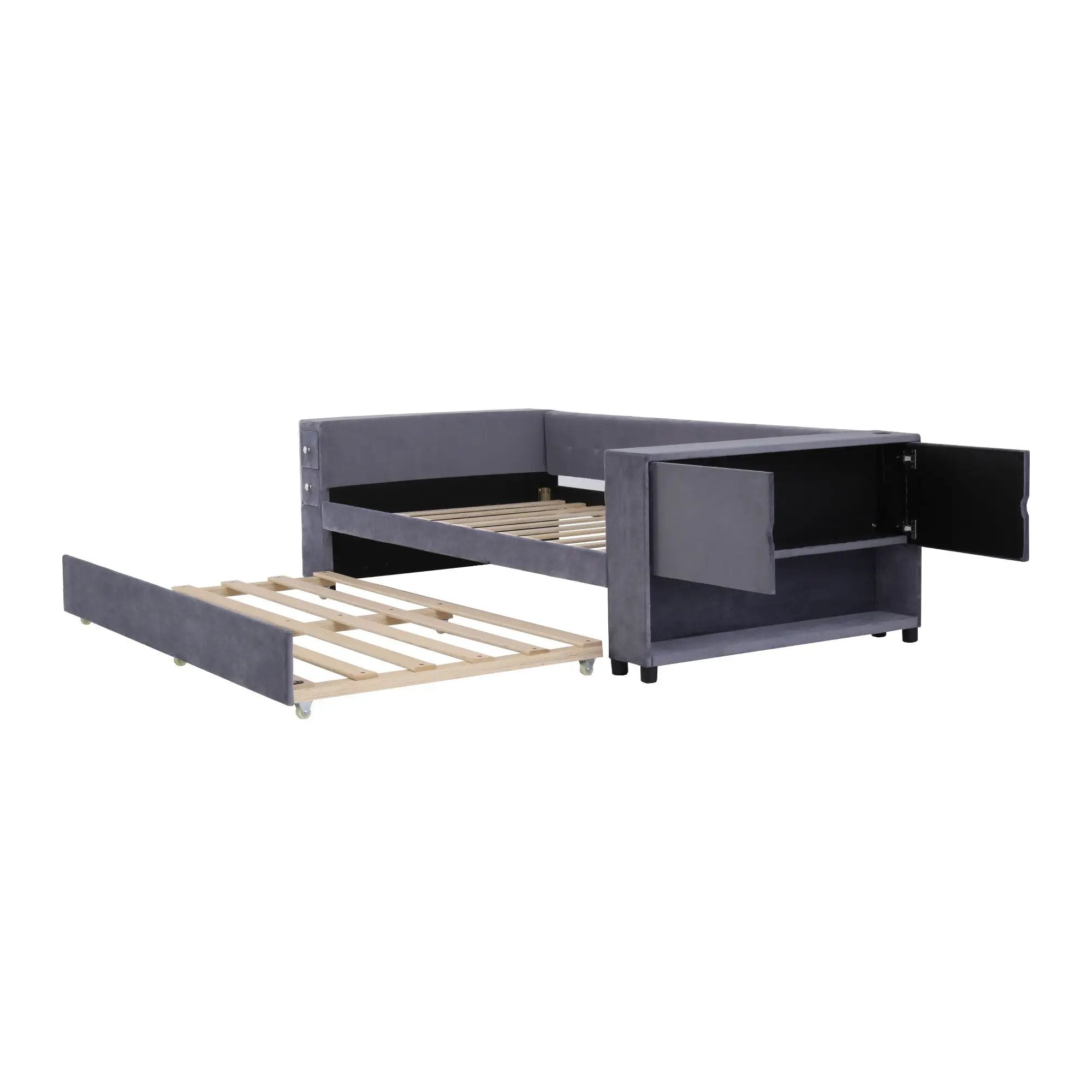 Upholstered Bed With Storage And Twin Trundle, USB Charging Ports by HouseOfZazla