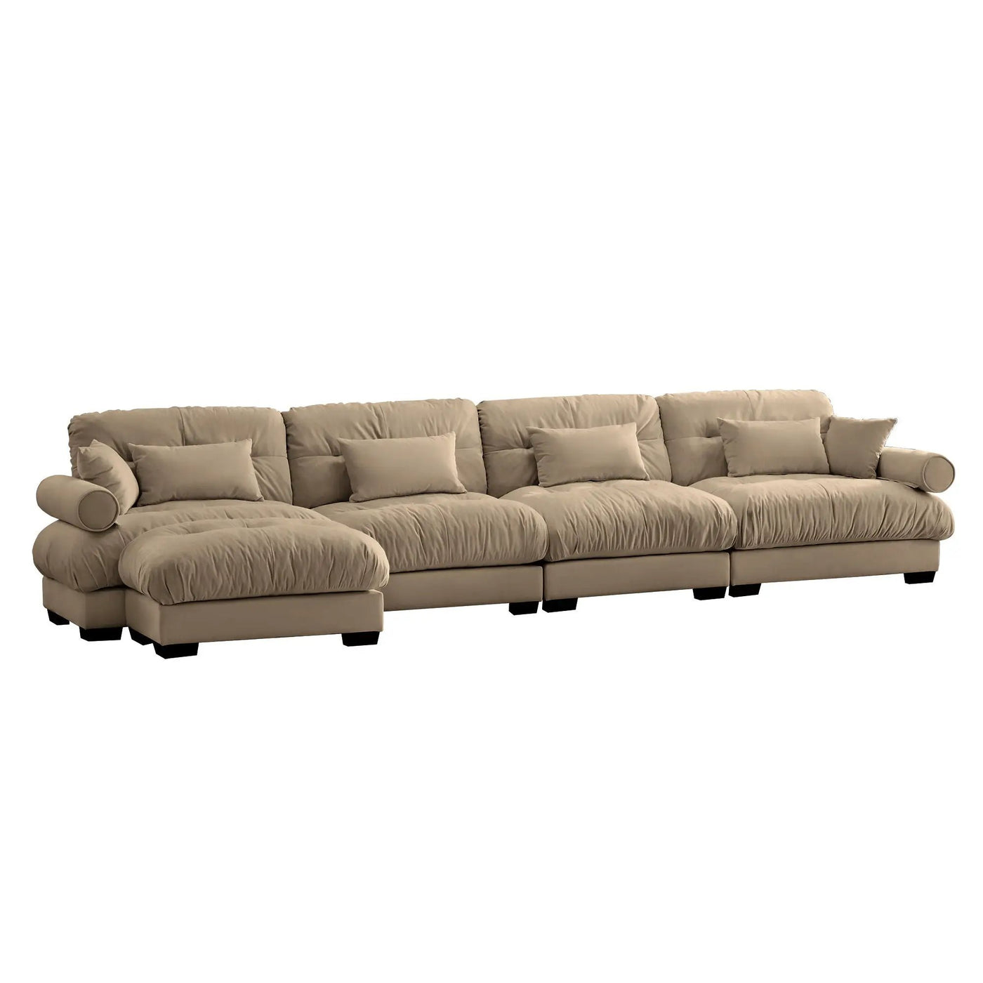 Modern Sectional Sofa With Ottoman, Round Bolster Armrests, Waist And Throw Pillows by HouseOfZazla