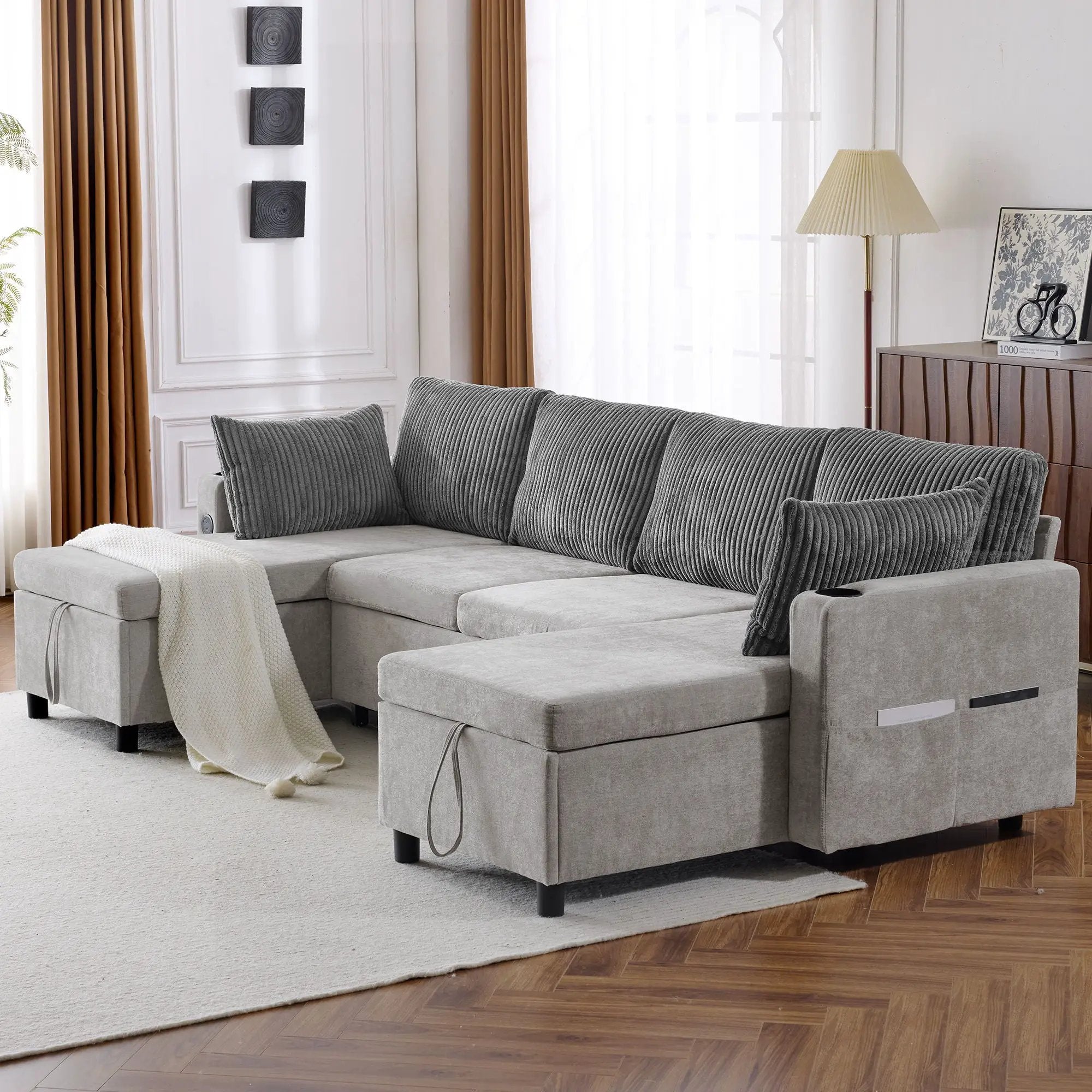 Sectional Sofa Bed With Pull Out Sleeper, USB Ports, Cup Holders by HouseOfZazla