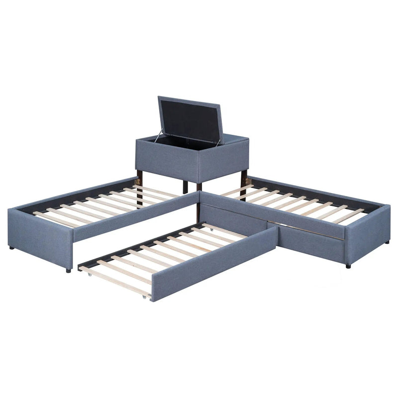 L Shaped Upholstered Platform Bed With Trundle And 2 Drawers Linked With Built In Desk by HouseOfZazla