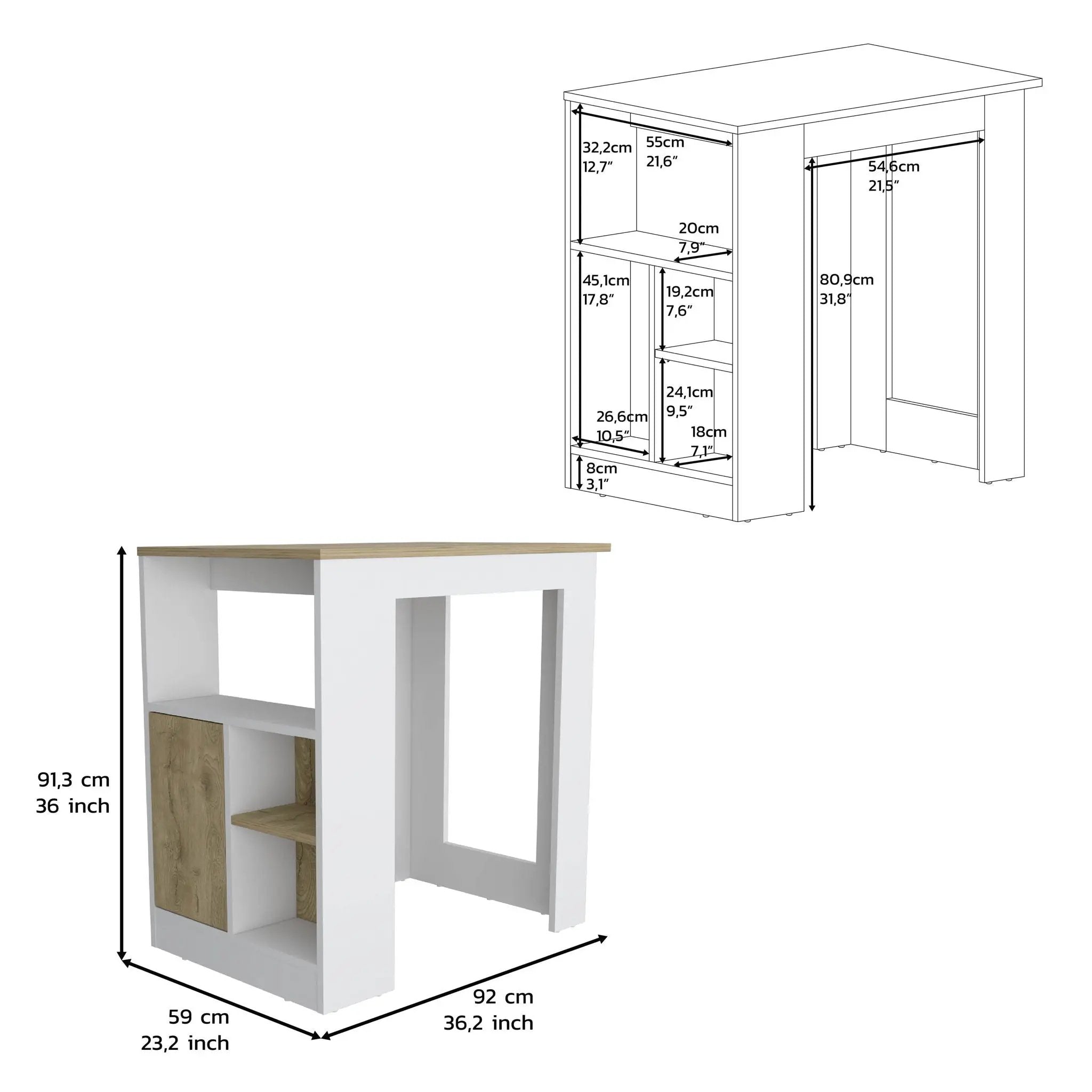 Kitchen Island Three Open Side Storage Shelves And One Push-To-Open Cabinet - White / Macadamia by Unique Piece Furniture