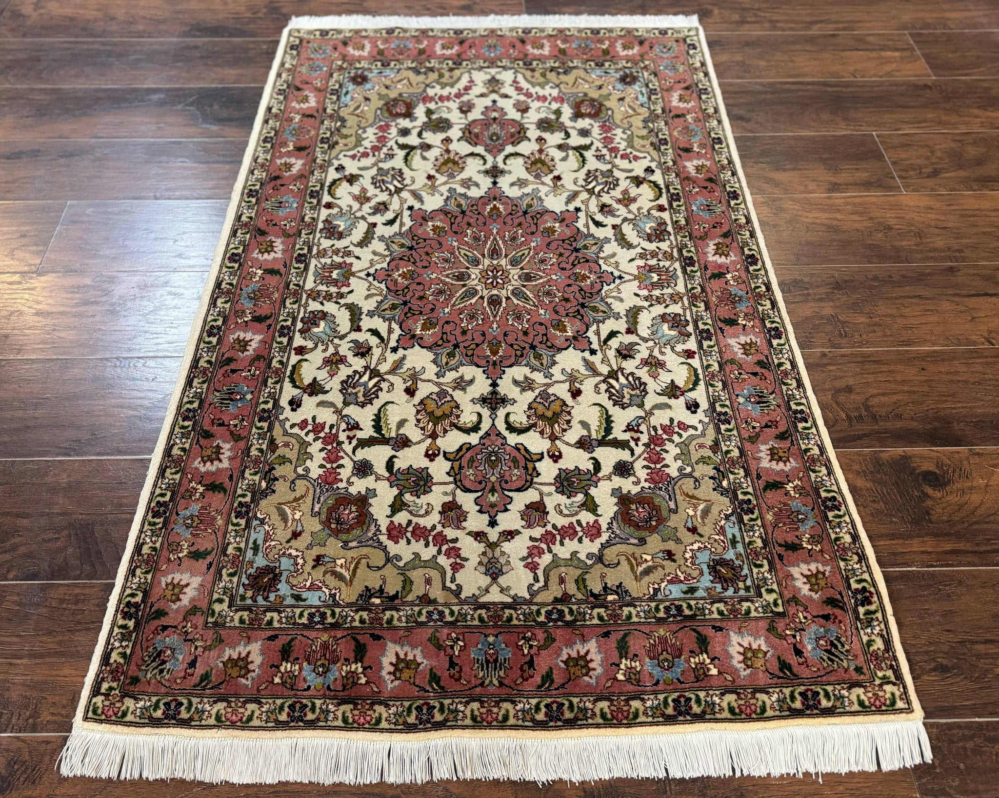 Fine Persian Tabriz Rug 3x5, Floral Medallion, 340 KPSI, Ivory Salmon by Jewel Rugs