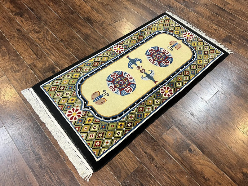 Chinese Rug 3x6 ft, Chinese Wool Rug, Tiensin Rug, Handmade Wool 3 x 6 Vintage Peking Rug, Art Deco Rug, Butterflies by Jewel Rugs