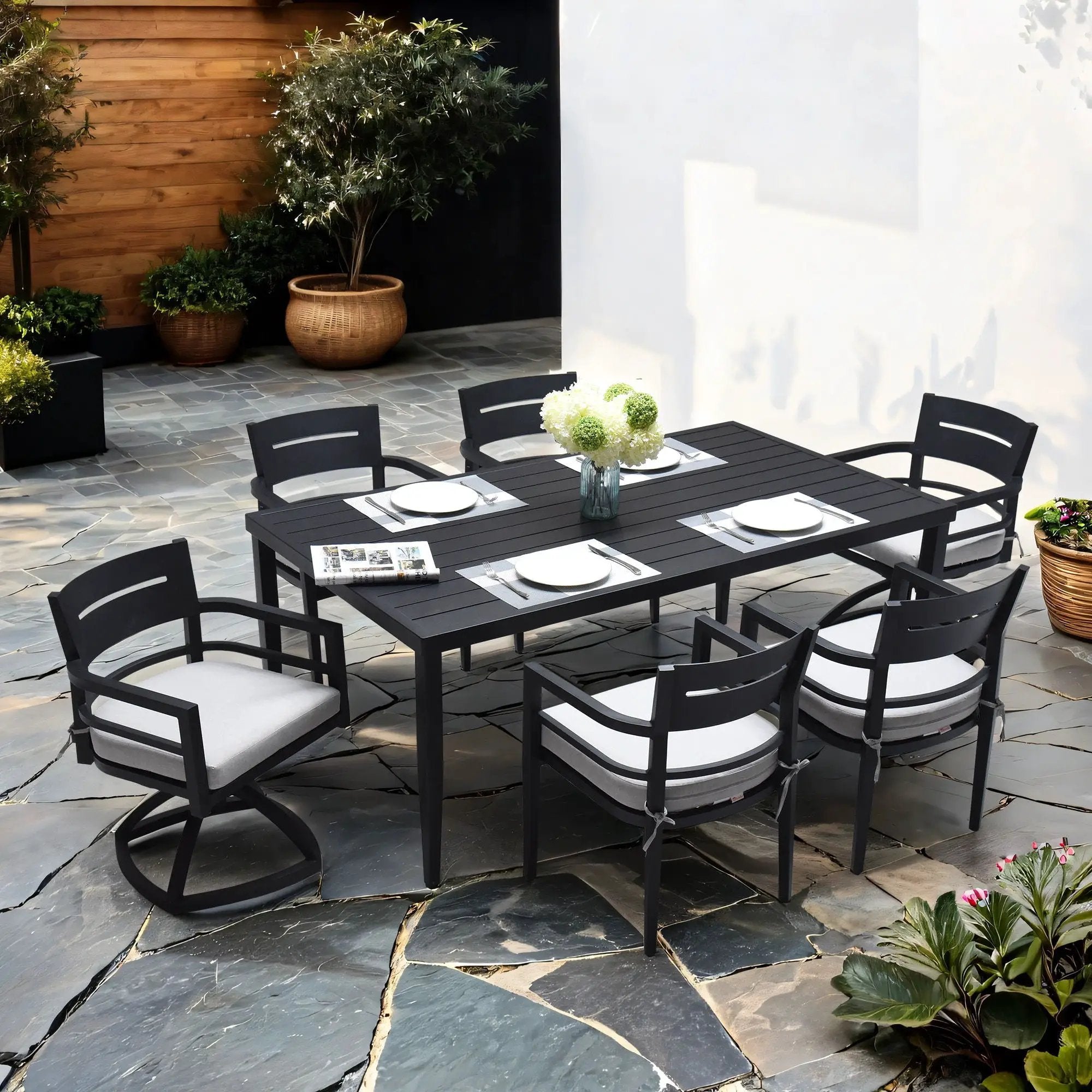 Outdoor Modern Dining Set, Chairs Sunbrella Cushioned And Dining Table With Umbrella Hole by HouseOfZazla