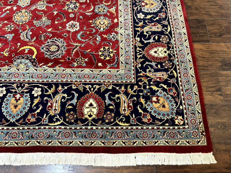 Pak Persian Rug 9x12, Red and Navy Blue, Floral Allover, Hand Knotted Vintage Wool Carpet, Fine 260 KPSI by Jewel Rugs