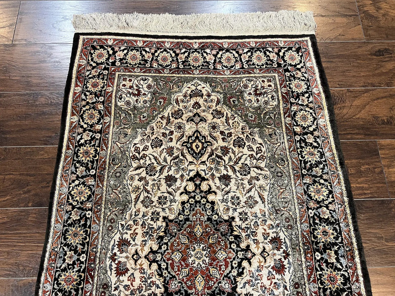 Silk Sino Persian Rug 3x5, Floral Medallion, Hand Knotted Silk Pile Silk Foundation, Traditional Silk Handmade Oriental Carpet, Cream Black by Jewel Rugs